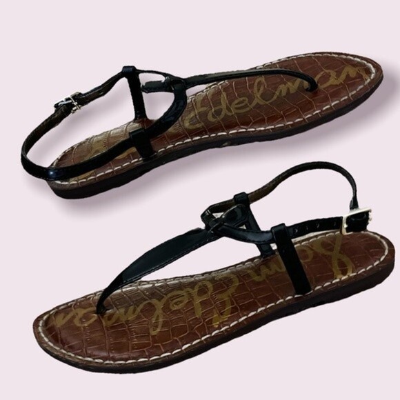 Sam Edelman Gigi Sandals Black Brown Thong Patent Leather Flats Womens Size 4 - Picture 4 of 7